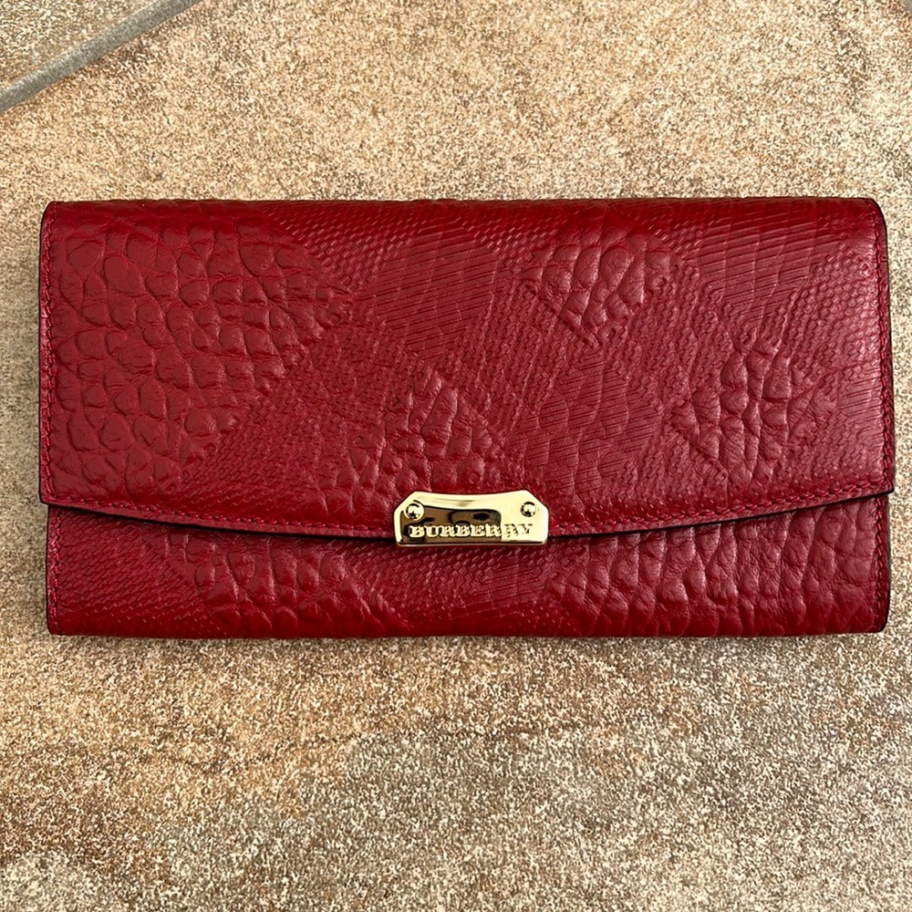 Burberry Red Textured Leather Continental Wallet with Gold Plaque